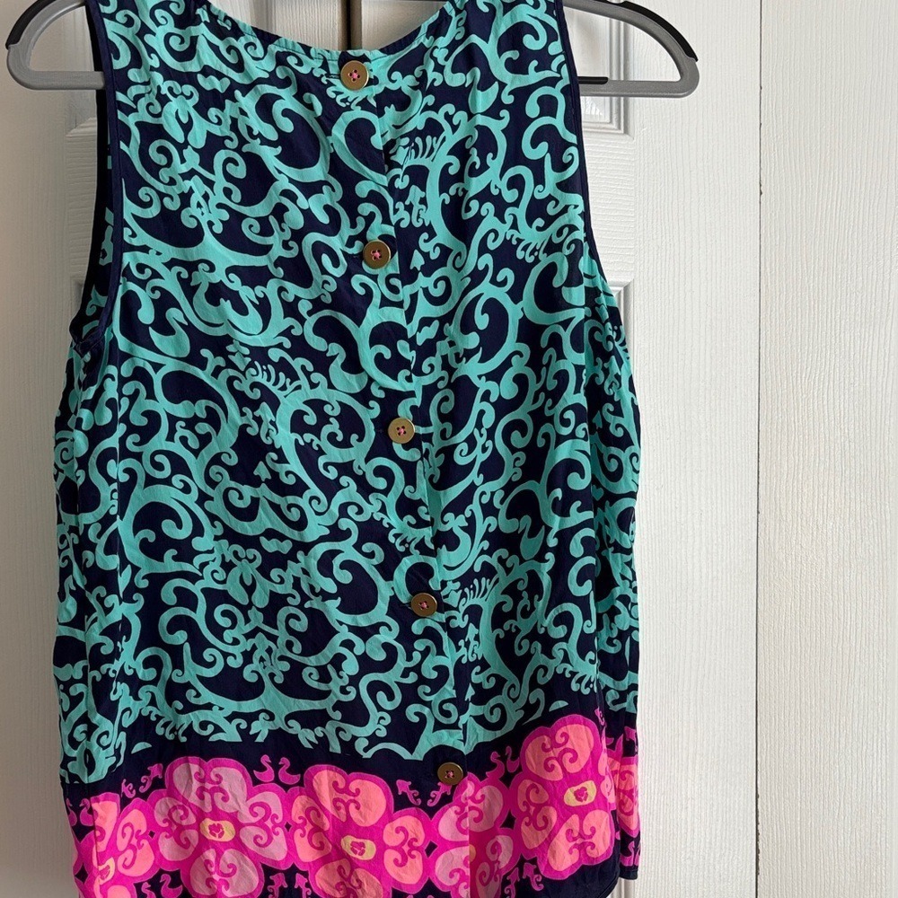 Lilly Pulitzer Silk Tank Blouse Medium Pink Blue Print Button Back Sleeveless - Picture 2 of 6